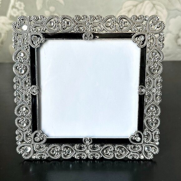 Ornate Metal Picture Frame with Crystals & Heart Design for Square Photo - Picture 1 of 10